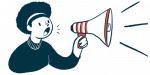 elamipretide designated orphan drug | Friedreich's Ataxia News | announcement illustration of woman with megaphone