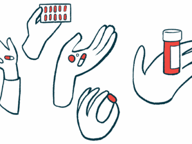 An illustration shows disembodied hands holding various pills.