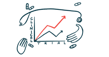 Two hands, a stethoscope, and pills surround a graph labeled clinical trials.