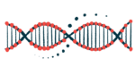 An illustration of a strand of DNA highlights its double-helix structure.