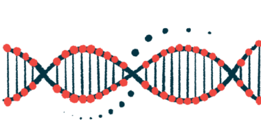 An illustration of a strand of DNA highlights its double-helix structure.