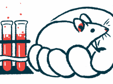 An oversized human hand holds a mouse next to a rack of three filled vials.