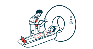 A graphic showing a woman being prepared to undergo an MRI scan.