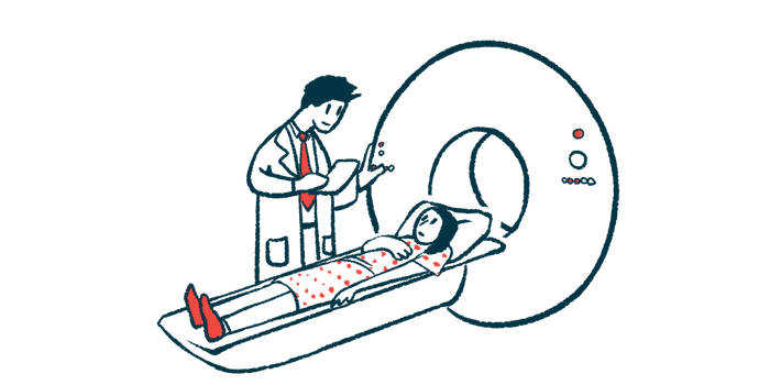 A graphic showing a woman being prepared to undergo an MRI scan.
