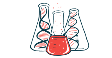An illustration of flasks showing DNA strands and a liquid.