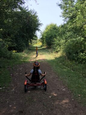 An outdoor photo shows a young girl riding an adaptive bike on a dirt path between rows of shrubs and trees. The photo is taken from behind the girl, facing the direction she is riding. The path extends straight off into the horizon. The adaptive bike has a flag on it. 