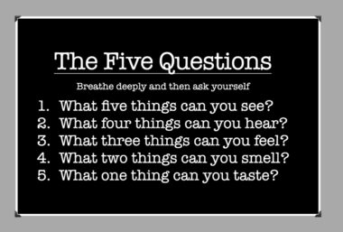 A graphic with white type font over a black background. The text reads: "The Five Questions: Breathe deeply and then ask yourself, 1) What five things can you see? 2) What four things can you hear? 3) What three things can you feel? 4) What two things can you smell? 5) What one thing can you taste?"
