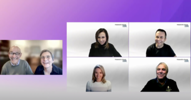 screenshot on purple background of two hosts and four panelists for an FA webinar