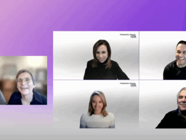 screenshot on purple background of two hosts and four panelists for an FA webinar