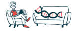 A strand of DNA reclines on a couch in front of a gene therapist.