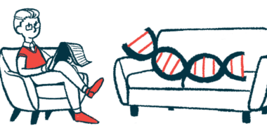 A strand of DNA reclines on a couch in front of a gene therapist.