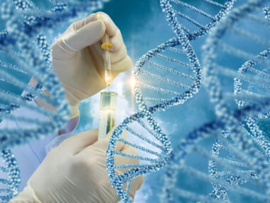 doctor's hands in gloves treating DNA strand