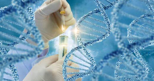 doctor's hands in gloves treating DNA strand