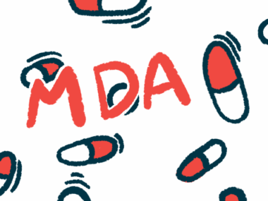 The abbreviation MDA, for Muscular Dystrophy Association, is shown against a backdrop of scattered prescription medicine capsules.