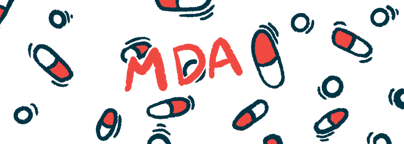 The abbreviation MDA, for Muscular Dystrophy Association, is shown against a backdrop of scattered prescription medicine capsules.