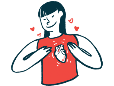 A woman embraces her heart as little love hearts float upward.