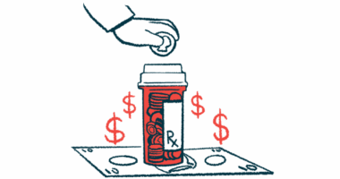 A hand is shown dropping a coin into a pill bottle that resting on a dollar bill.