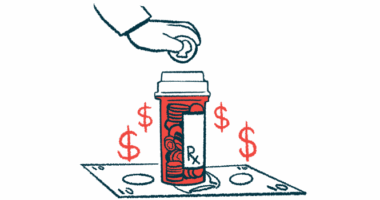 A hand is shown dropping a coin into a pill bottle that resting on a dollar bill.