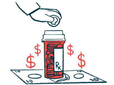 A hand is seen dropping a coin into a pill bottle resting on a dollar bill.