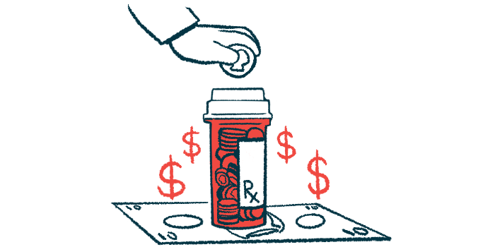 A hand is shown dropping a coin into a pill bottle that resting on a dollar bill.