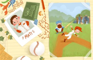 A pair of facing pages. On the left is an image of a boy with "MATT" beneath it and baseballs below; at right is a picture of the boy playing baseball, seemingly after he just got a hit.