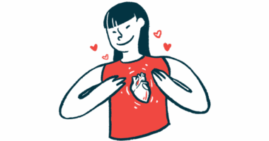 A woman embraces her heart, which is visible on her chest, as little love hearts float upward.