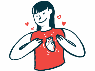 A woman embraces her heart, which is visible on her chest, as little love hearts float upward.