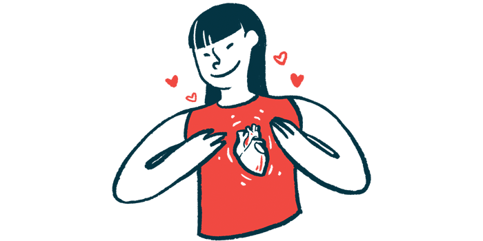A woman embraces her heart, which is visible on her chest, as little love hearts float upward.