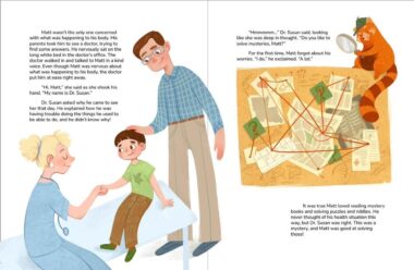 Two facing pages of a heavily illustrated book. There are text blocks on each side. The image at left is of a woman with a stethoscope shaking hands with a boy; an man is behind him, with his hand on the boy's head. At right, a red panda has a magnifiying glass in the upper-right corner, examining paperwork.