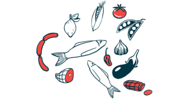 An illustration shows a variety of healthy foods, including fish and vegetables.