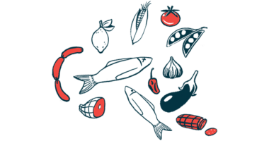 An illustration shows a variety of healthy foods, including fish and vegetables.