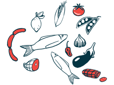 An illustration shows a variety of healthy foods, including fish and vegetables.