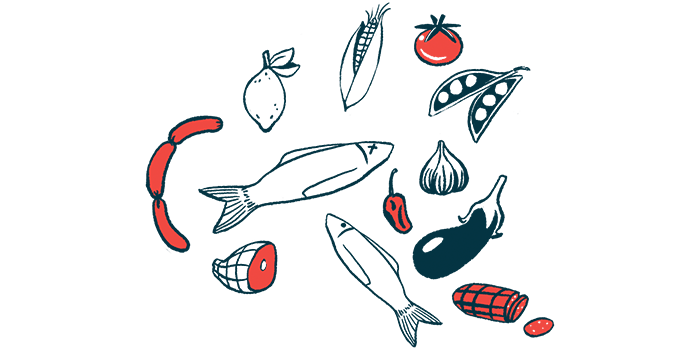 An illustration shows a variety of healthy foods, including fish and vegetables.
