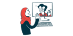A patient and a doctor, shown on a computer screen, wave to each other during a virtual medical appointment.