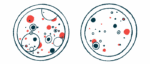Two petri dishes with red and blue circles of different sizes, representing cells.