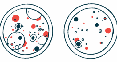 Two petri dishes with red and blue circles of different sizes, representing cells.
