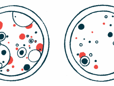 Two petri dishes with red and blue circles of different sizes, representing cells.