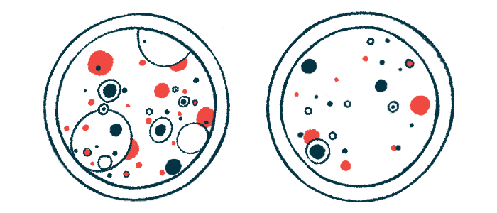 Two petri dishes with red and blue circles of different sizes, representing cells.