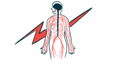 The nerves in the human body are shown in the figure of a person, seen from behind, standing in front of a giant red lightning bolt.