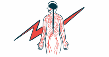 The nerves in the human body are shown in the figure of a person, seen from behind, standing in front of a giant red lightning bolt.