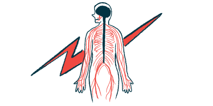 The nerves in the human body are shown in the figure of a person, seen from behind, standing in front of a giant red lightning bolt.