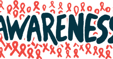 The word AWARENESS, written in bold black letters, is seen superimposed on a background of red awareness ribbons.