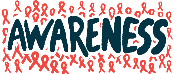 The word AWARENESS, written in bold black letters, is seen superimposed on a background of red awareness ribbons.