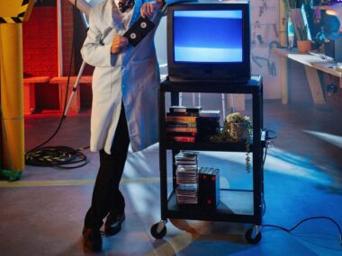 Bill Nye the Science Guy is pictured leaning against a video monitor in his lab.