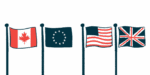 A row of flagpoles features the flags of Canada, the European Union, the U.S., and the U.K.