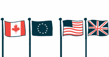 A row of flagpoles features the flags of Canada, the European Union, the U.S., and the U.K.