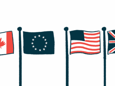 A row of flagpoles features the flags of Canada, the European Union, the U.S., and the U.K.