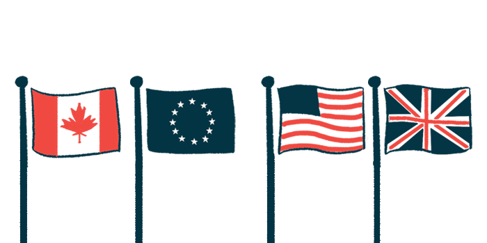 A row of flagpoles features the flags of Canada, the European Union, the U.S., and the U.K.
