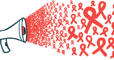 A multitude of red awareness ribbons burst from a megaphone.