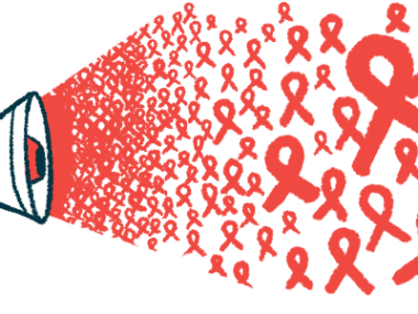 A multitude of red awareness ribbons burst from a megaphone.